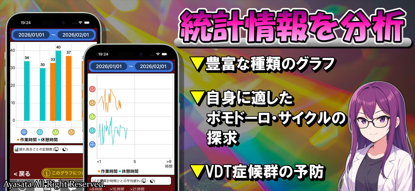 RestEyesでVDT症候群対策のため疲れの分析や統計を確認する画面